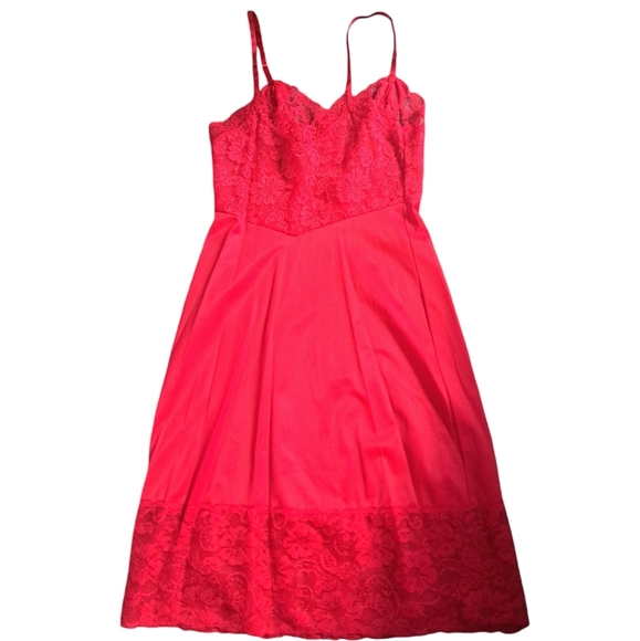 VTG VAN RAALTE bright RED Nylon short slip lace trim Hollywood Glam pin up 32 SM - Picture 9 of 10